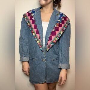 Vintage 80s 90s Denim Jacket Patchwork Floral Trim Cotton Blazer Medium